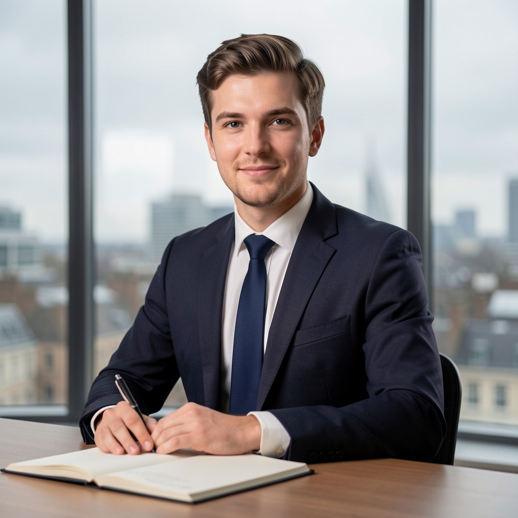 Editorial portrait of Tobias Marsden photographed at a standing desk with a large window behind showing grey London sky and a notebook open in foreground